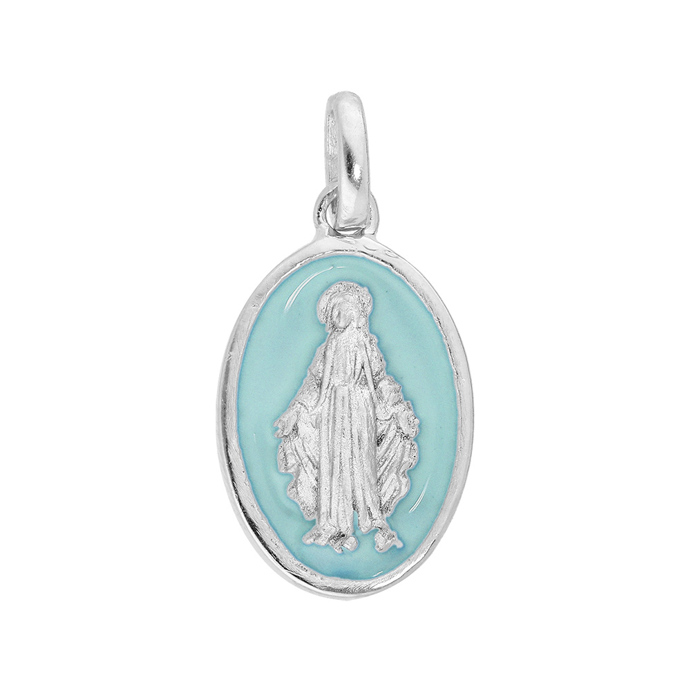 Pendentif en argent rhodié médaille ovale vierge miraculeuse sur fond bleu ciel