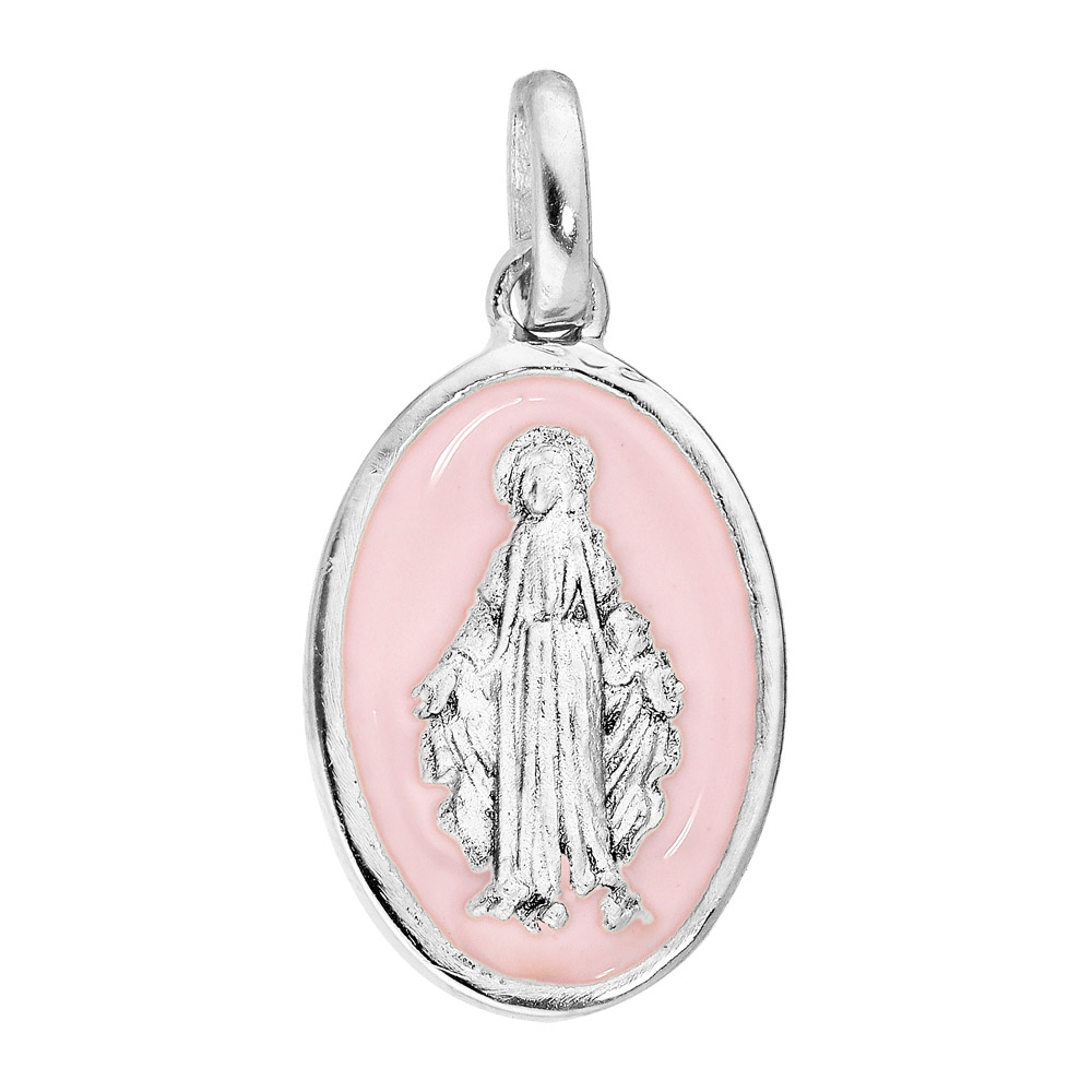Pendentif en argent rhodié médaille ovale vierge miraculeuse sur fond rose pale