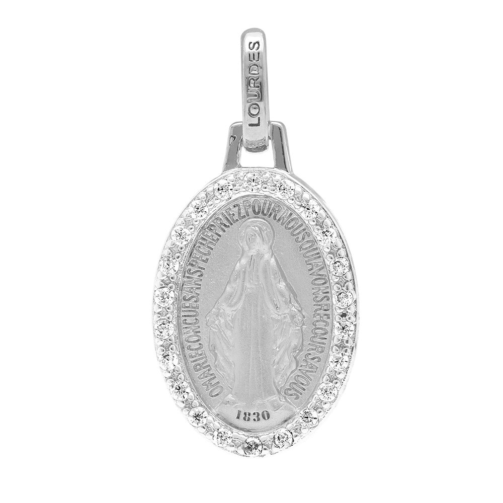 Pendentif en argent rhodié Médaille ovale miraculeuse avec Vierge Marie et contour oxydes blancs sertis Pendentif en argent rhodié Médaille ovale miraculeuse avec Vierge Marie et contour oxydes blancs sertis