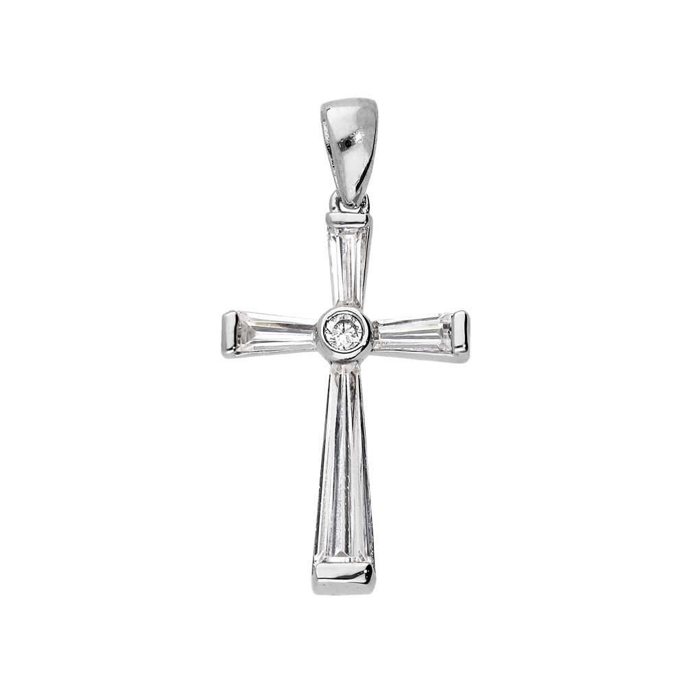 Pendentif en argent rhodié Croix profilée et oxydes blancs sertis
