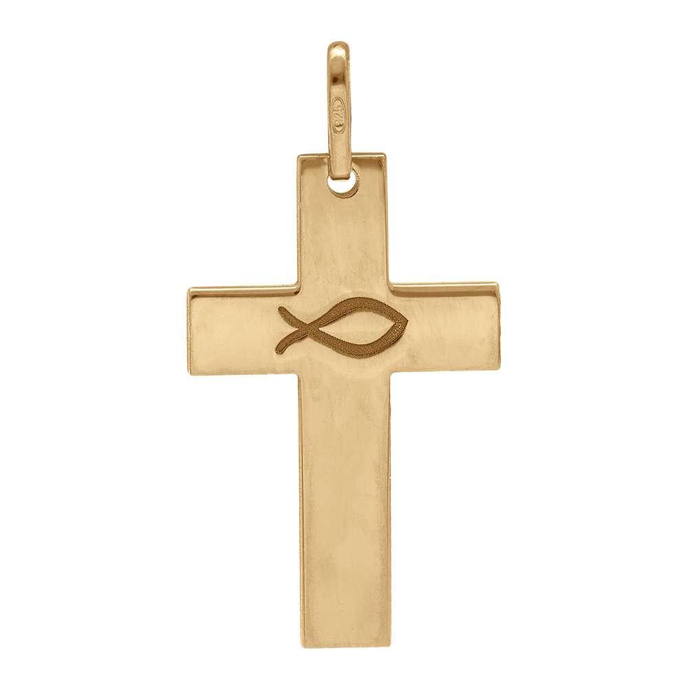 Pendentif en argent et dorure jaune croix avec gravure Ichthus symbole du poisson