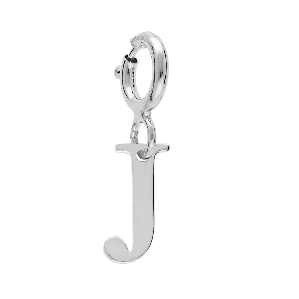 Pendentif Charms en argent rhodié initiale lettre J sur fermoir anneau ressort Pendentif Charms en argent rhodié initiale lettre J sur fermoir anneau ressort