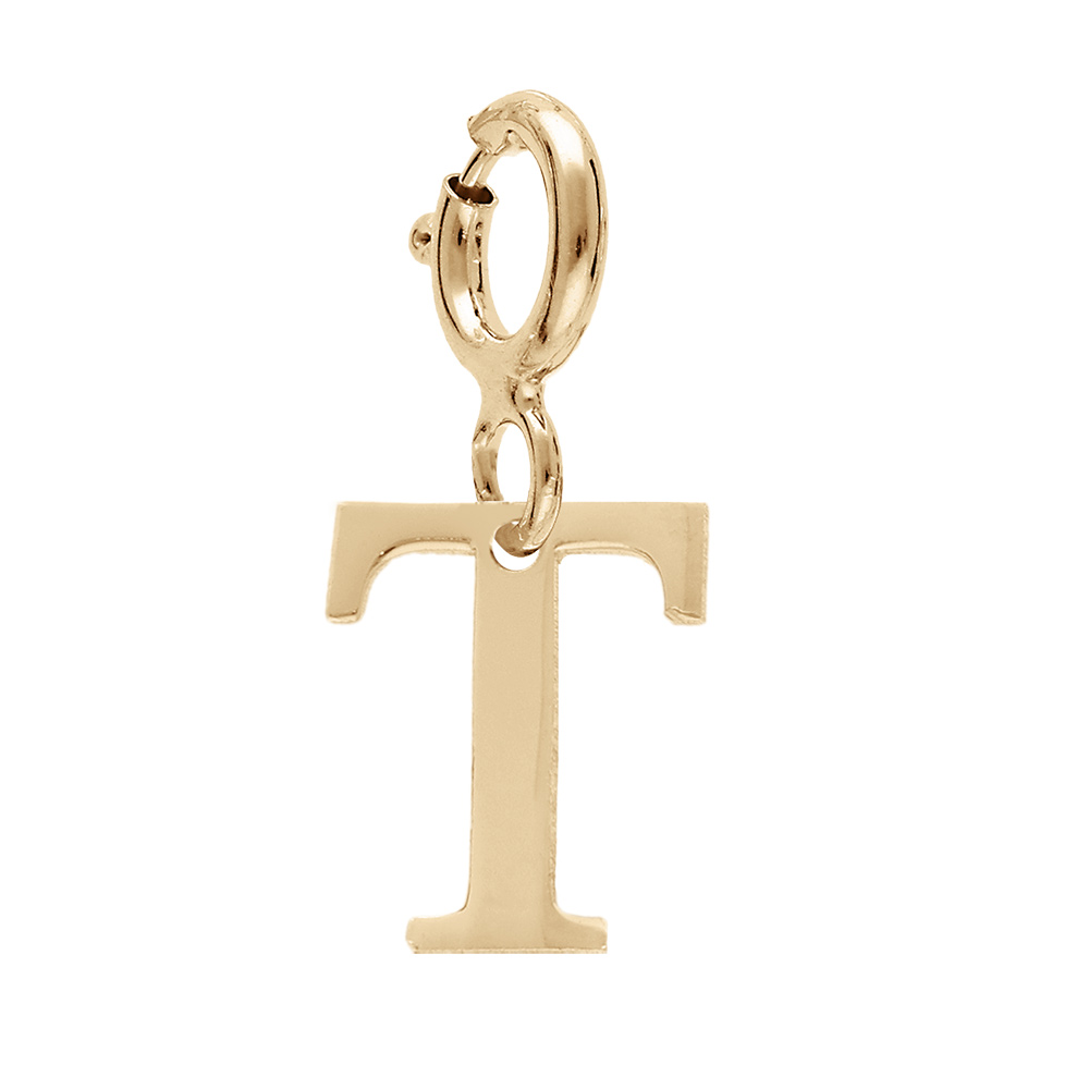 Pendentif Charms en argent et dorure jaune initiale lettre T sur fermoir anneau ressort