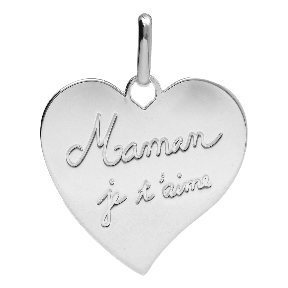 Pendentif en argent rhodié coeur gravé "Maman je t'aime"