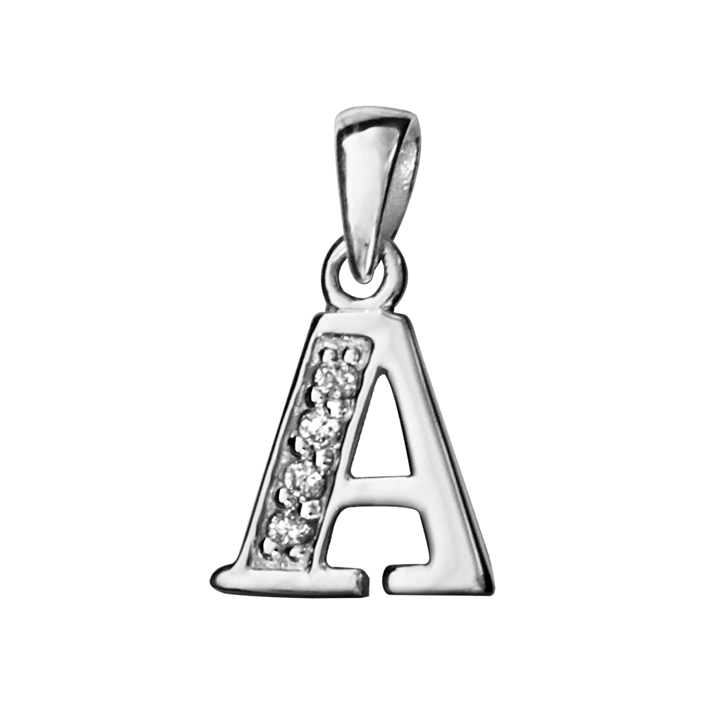 Pendentif en argent rhodié lettre A ornée d'oxydes blancs sur une partie
