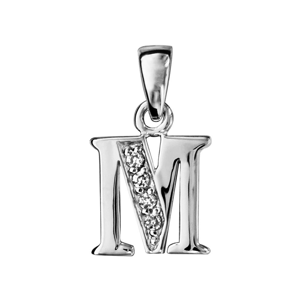 Pendentif en argent rhodié lettre M ornée d'oxydes blancs sur une partie