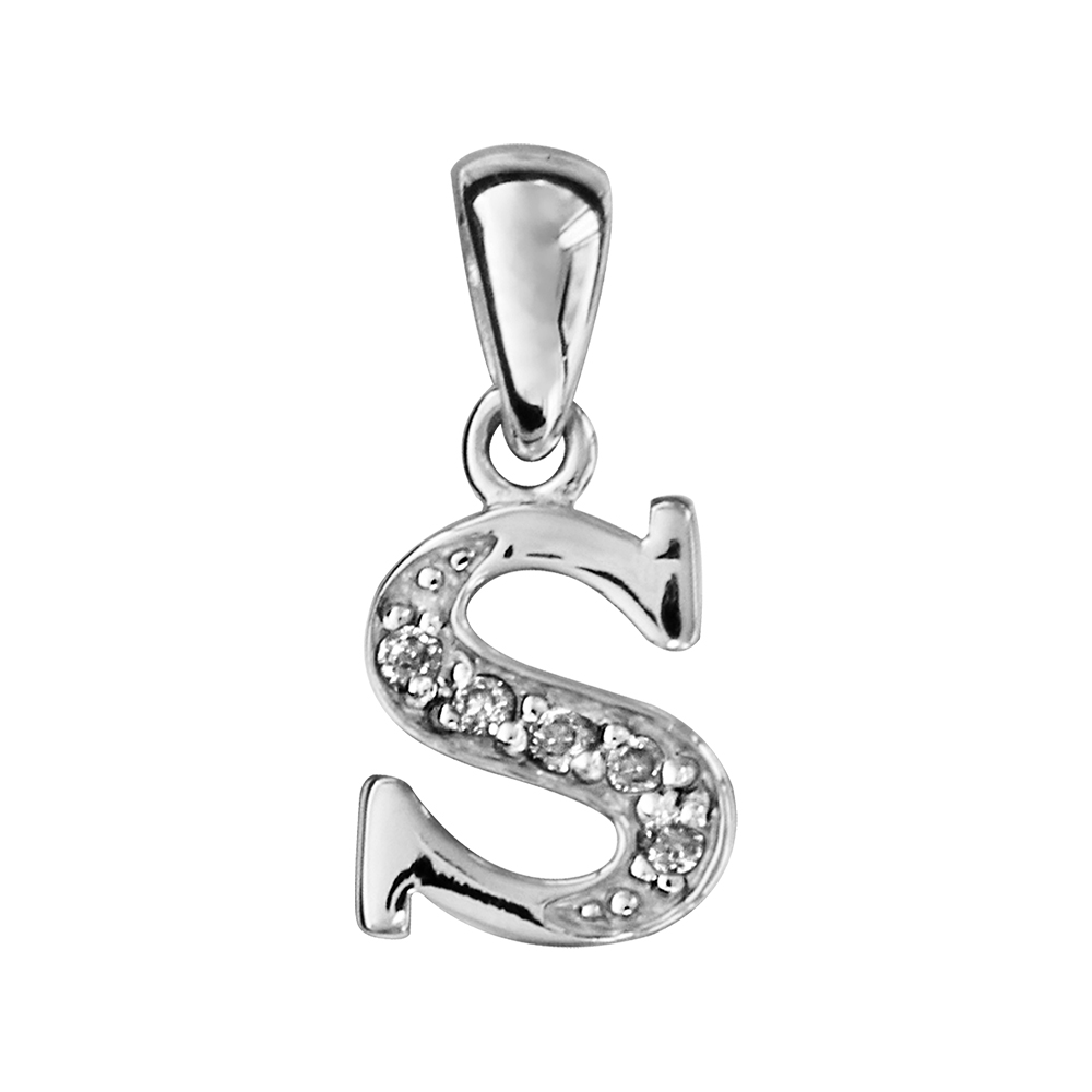 Pendentif en argent rhodié lettre S ornée d'oxydes blancs sur une partie