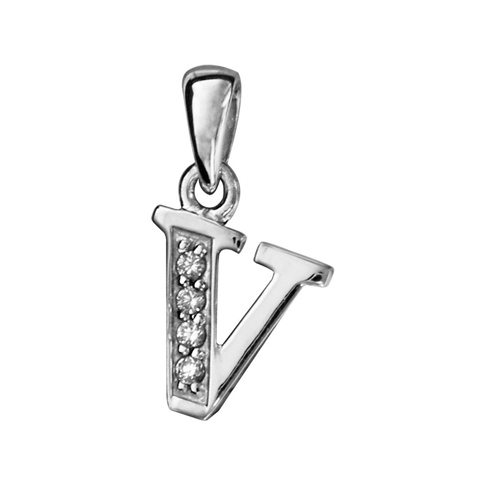 Pendentif en argent rhodié lettre V ornée d'oxydes blancs sur une partie