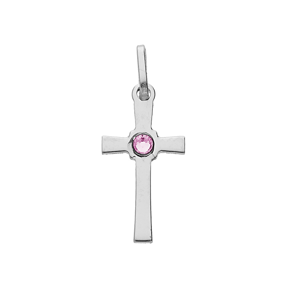 Pendentif en argent rhodié croix oxyde rose