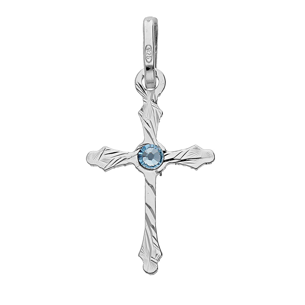 Pendentif en argent rhodié croix fine diamanté avec oxyde bleu ciel