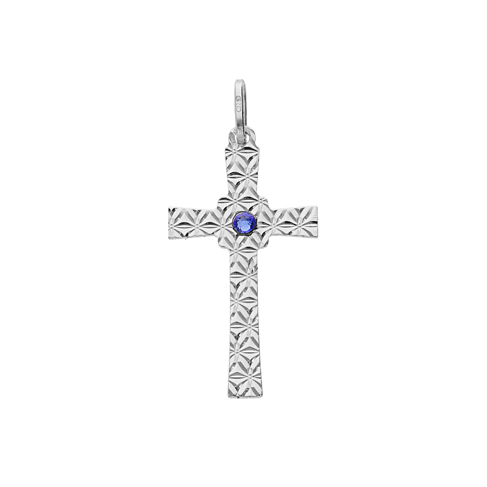 Pendentif en argent rhodié croix diamanté étoile oxyde bleu