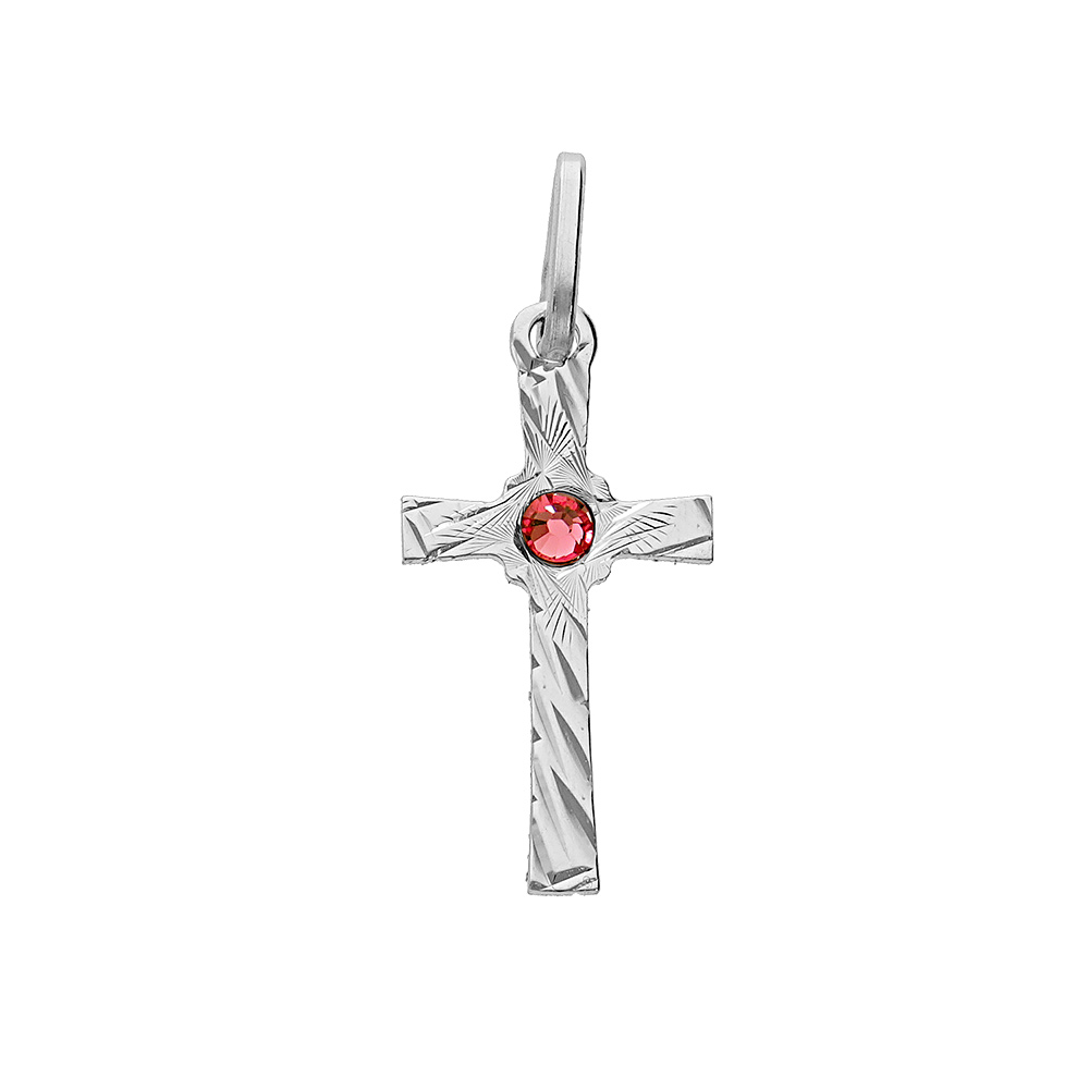 Pendentif en argent rhodié petite croix motifs striés avec oxyde rouge au centre