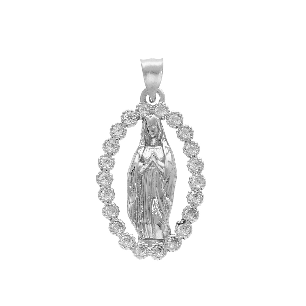 Pendentif en argent rhodié ovale vierge Lourdes avec oxydes blancs sertis - 18x12mm