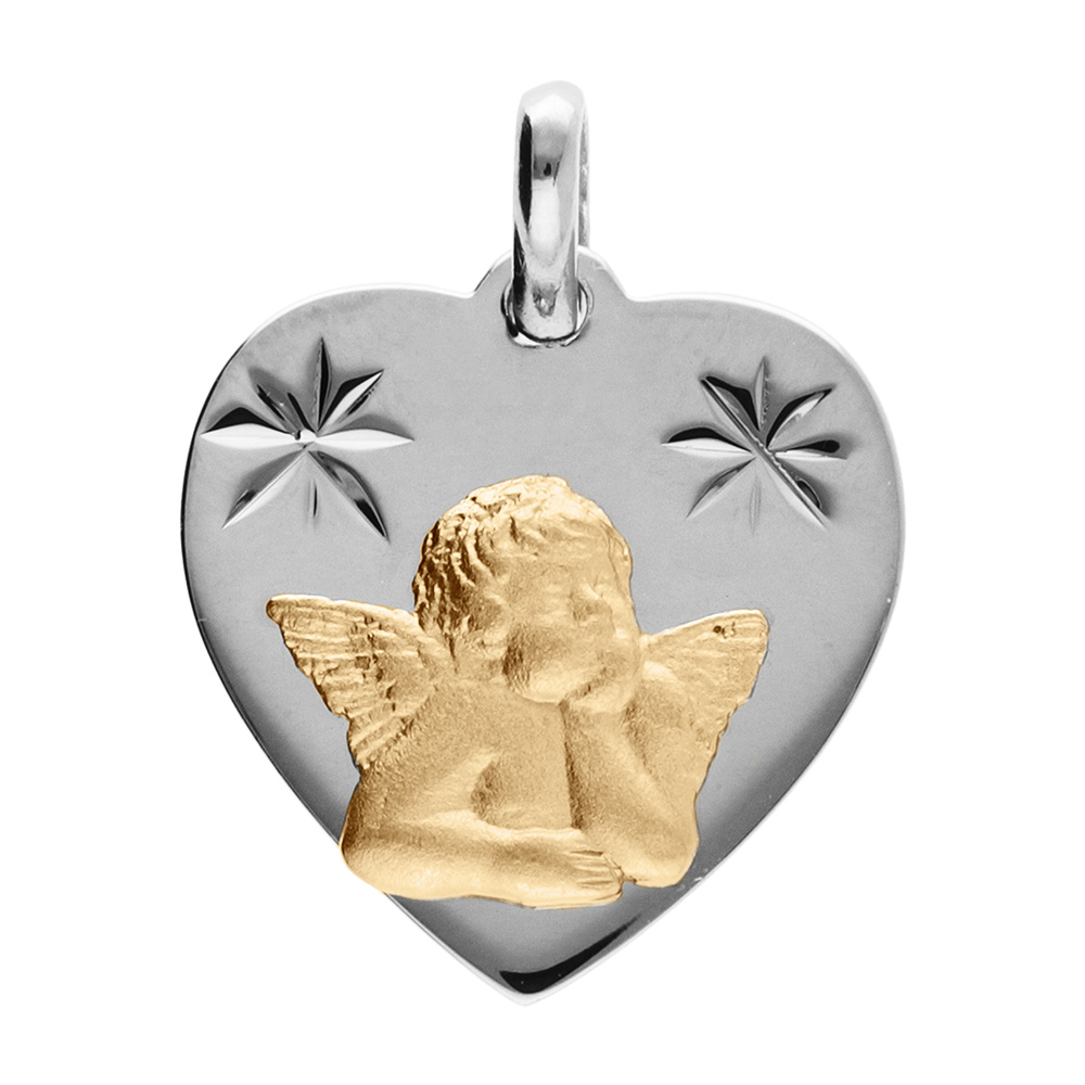 Pendentif en argent platiné et argent doré coeur contour diamanté avec Ange