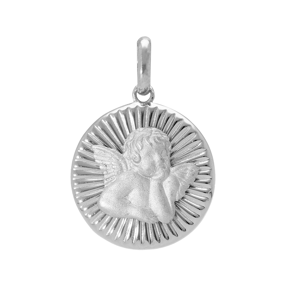Pendentif en argent platiné médaille 15mm diamanté et strillé avec Ange