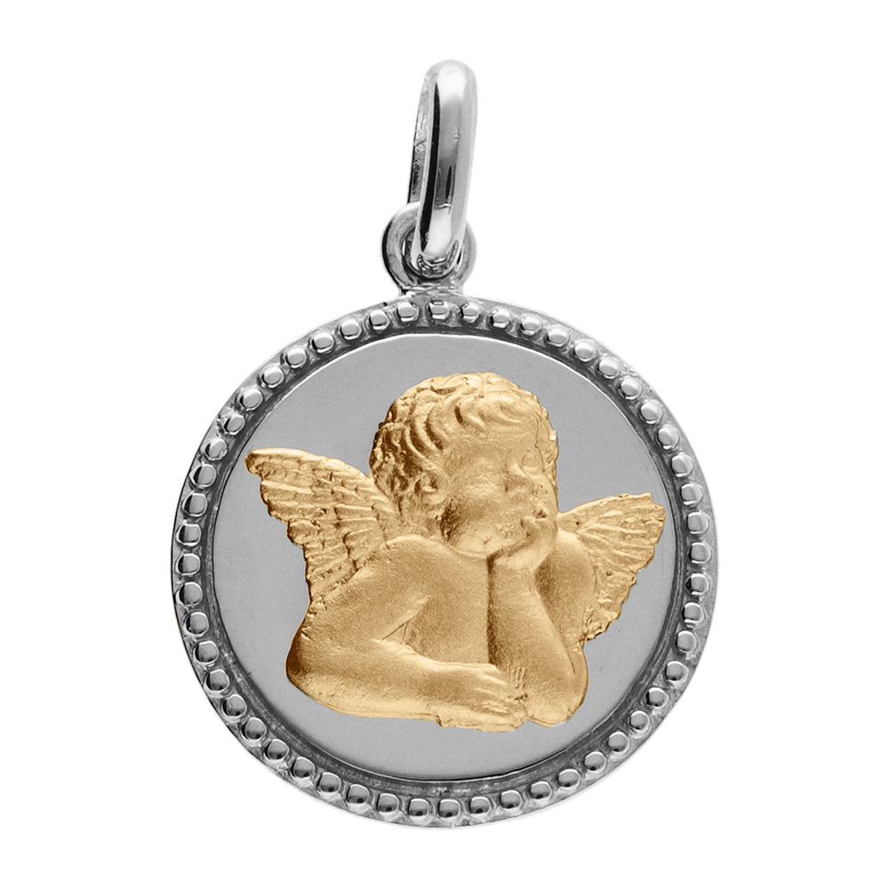 Pendentif en argent platiné et argent doré médaille 15mm contour diamanté avec Ange