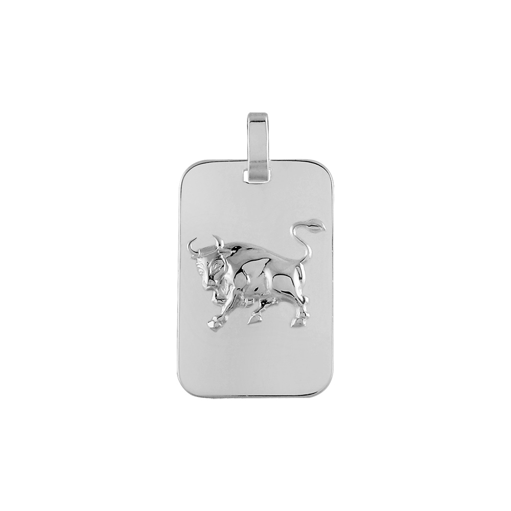 Pendentif en argent rhodié plaque G.I. rectangulaire arrondie zodiaque Taureau