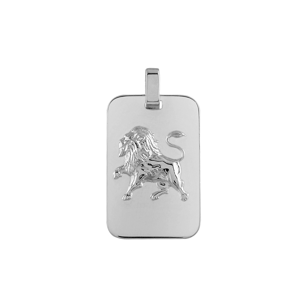 Pendentif en argent rhodié plaque G.I. rectangulaire arrondie zodiaque Lion