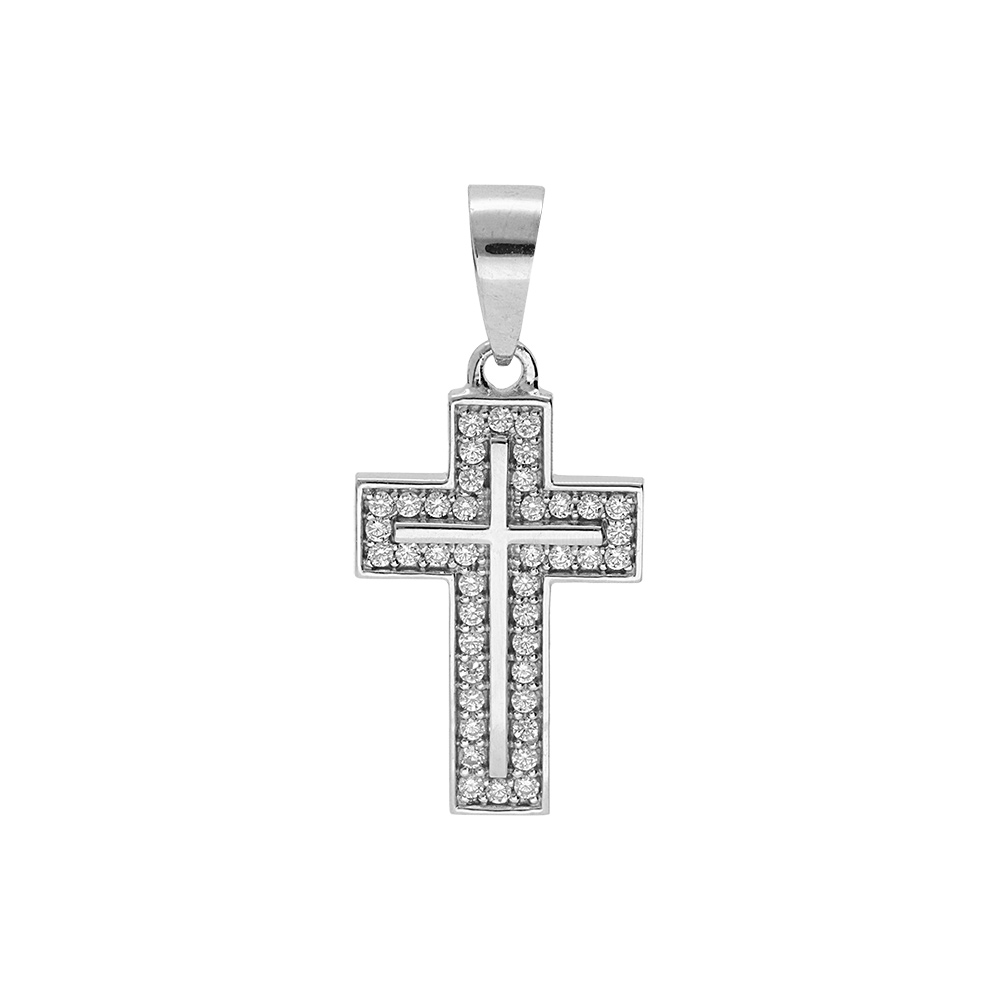 Pendentif en argent rhodié croix avec oxydes blancs et croix lisse relief 17 x 16mm