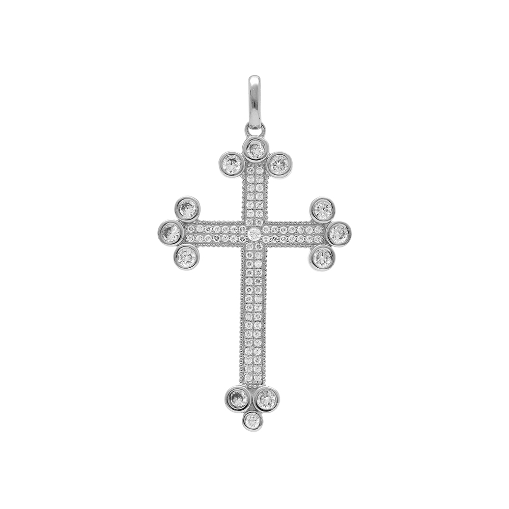 Pendentif en argent rhodié grande croix avec oxydes blancs 33 x 23mm