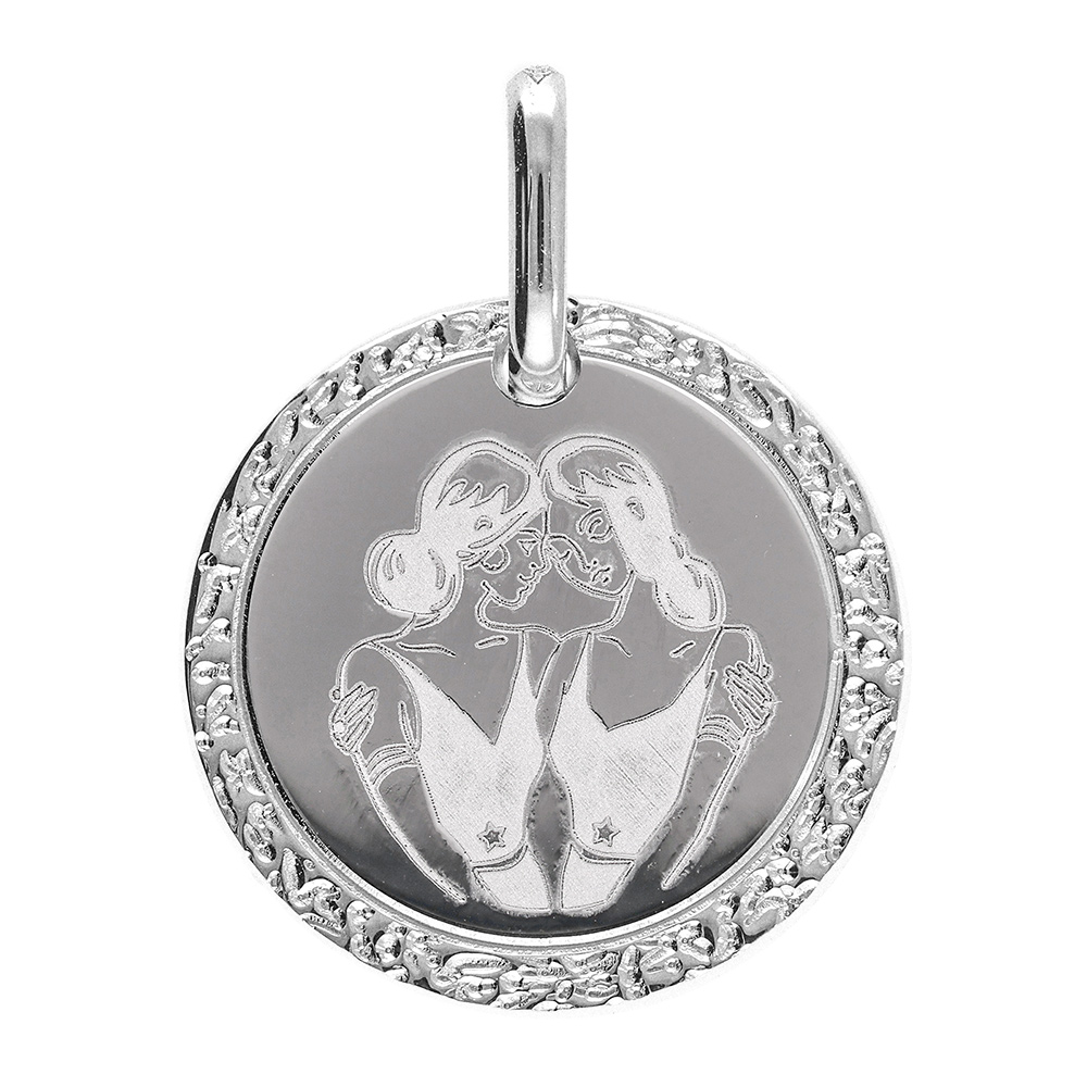 Pendentif en argent rhodié médaille 15mm zodiaque gemeaux Pendentif en argent rhodié médaille 15mm zodiaque gemeaux