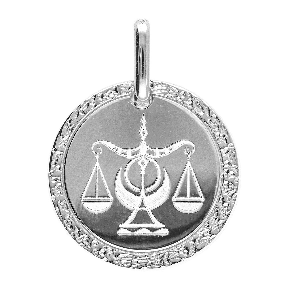 Pendentif en argent rhodié médaille 15mm zodiaque balance