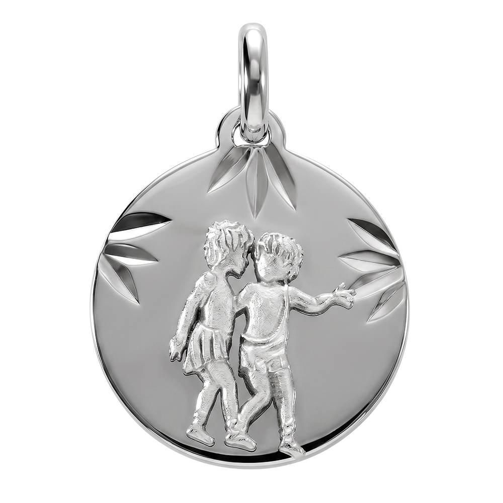 Pendentif argent rhodié médaille 15mm diamantée zodiaque gemeaux