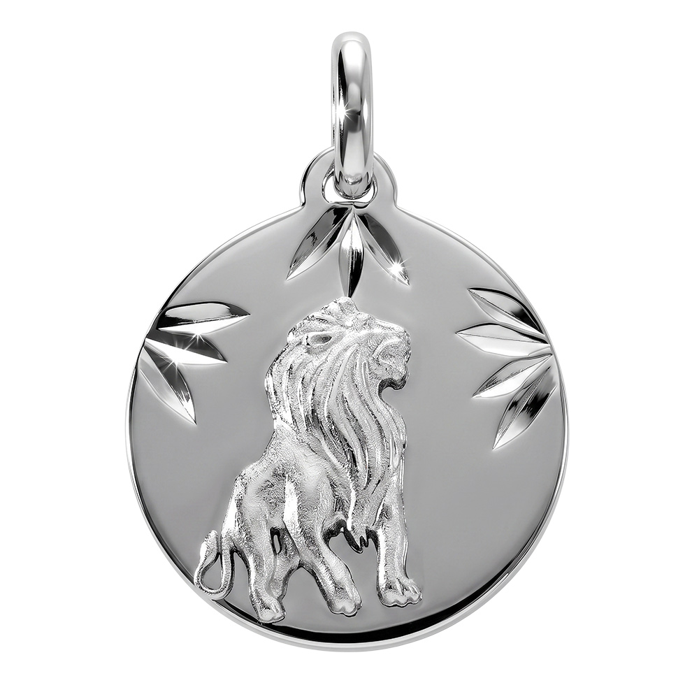 Pendentif en argent rhodié médaille 15mm diamantée zodiaque lion Pendentif en argent rhodié médaille 15mm diamantée zodiaque lion