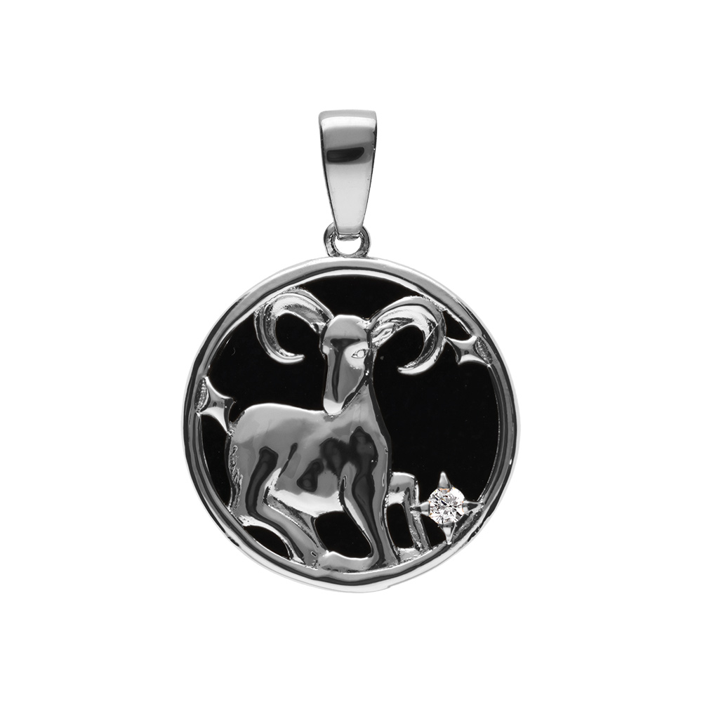 Pendentif en argent rhodié médaille 15mm, onyx noir imitation, zodiaque bélier et un oxyde blanc