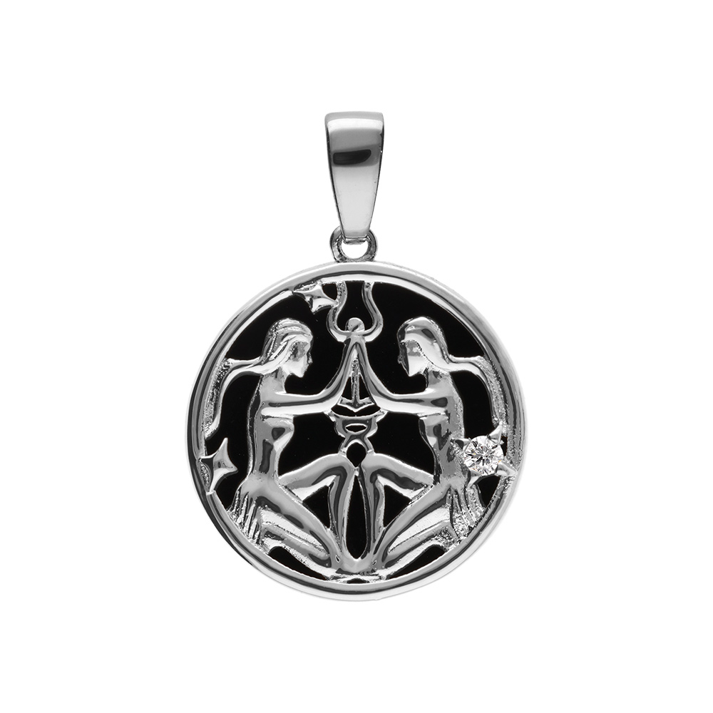 Pendentif en argent rhodié médaille 15mm, onyx noir imitation, zodiaque gemeaux et un oxyde blanc