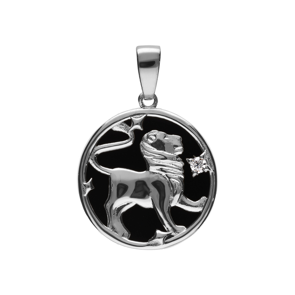 Pendentif en argent rhodié médaille 15mm, onyx noir imitation, zodiaque lion et un oxyde blanc