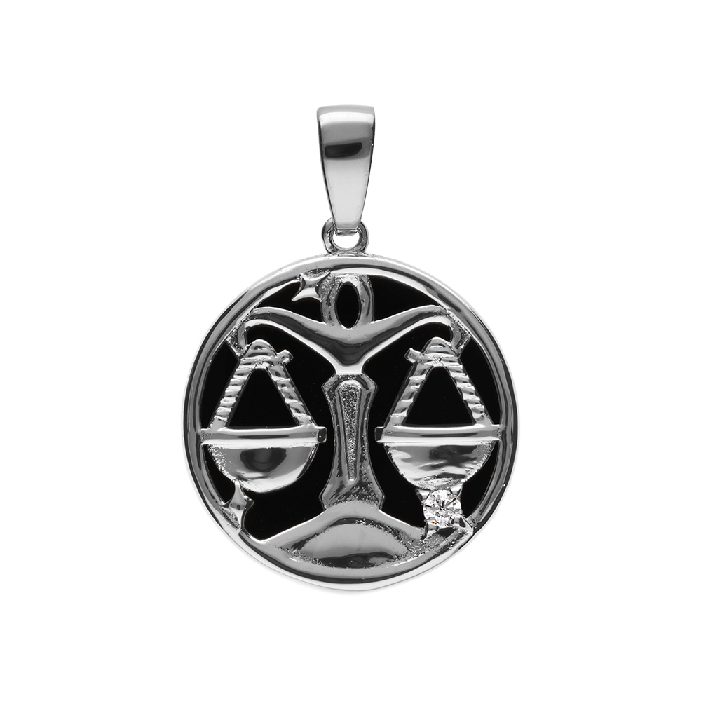 Pendentif en argent rhodié médaille 15mm, onyx noir imitation, zodiaque balance et un oxyde blanc