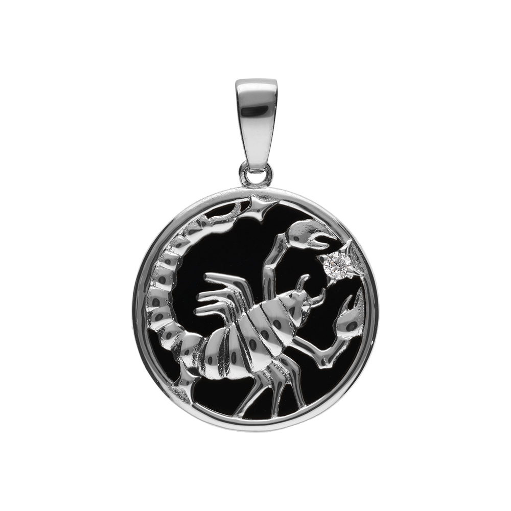 Pendentif en argent rhodié médaille 15mm, onyx noir imitation, zodiaque scorpion et un oxyde blanc