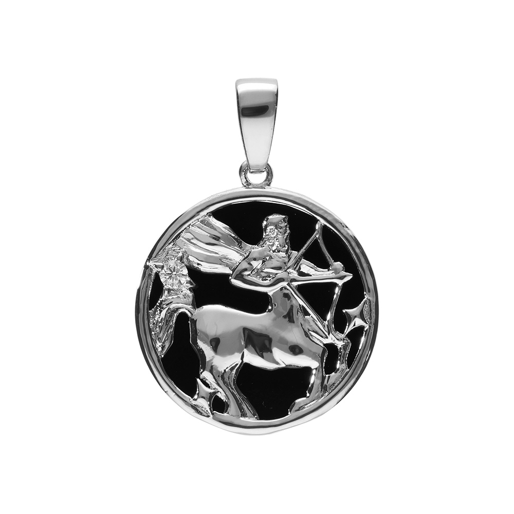 Pendentif en argent rhodié médaille 15mm, onyx noir imitation, zodiaque sagittaire et un oxyde blanc