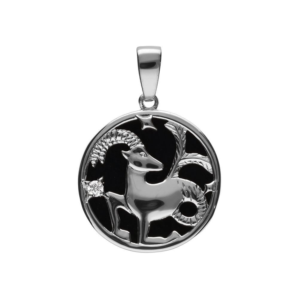 Pendentif en argent rhodié médaille 15mm, onyx noir imitation, zodiaque capricorne et un oxyde blanc
