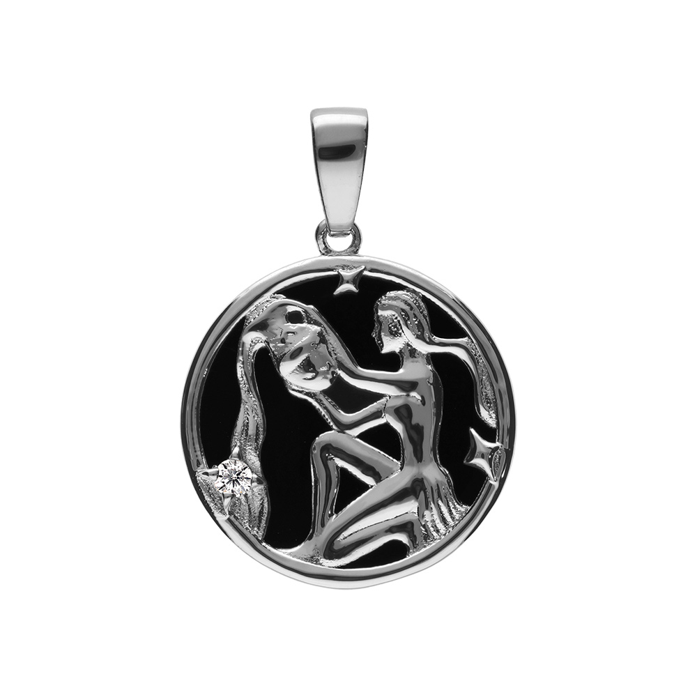 Pendentif en argent rhodié médaille 15mm, onyx noir imitation, zodiaque verseau et un oxyde blanc