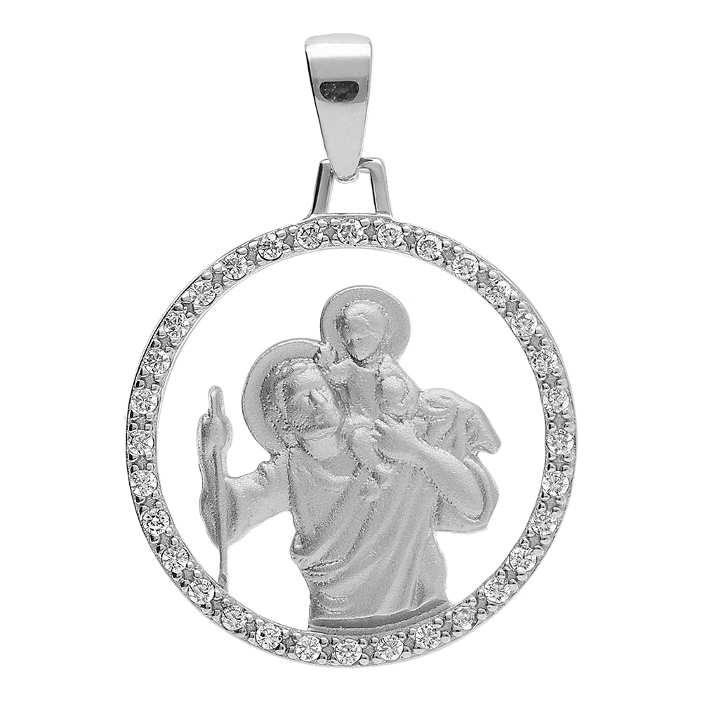 Pendentif en argent platine rond 18mm Saint Christophe avec contour d'oxydes blancs sertis