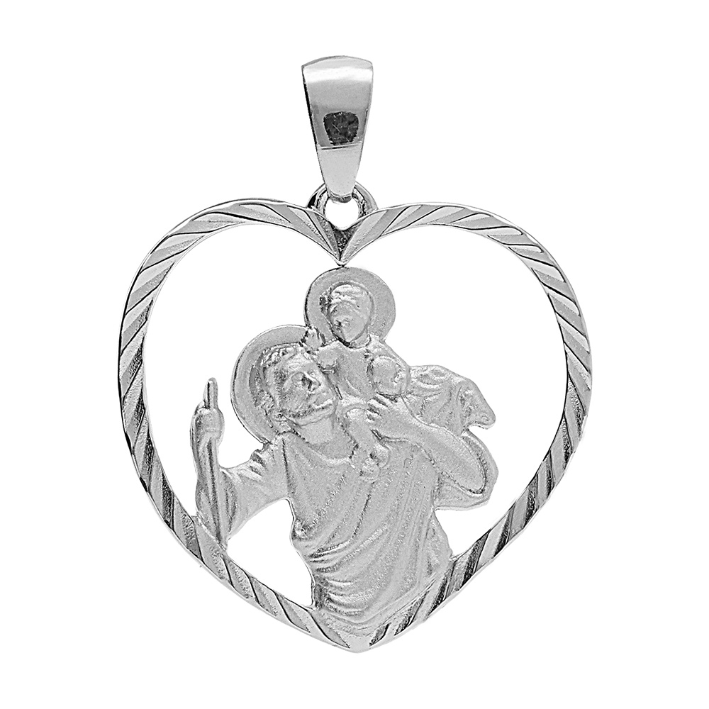 Pendentif en argent platine coeur 20mm saint-Christophe avec contour diamanté
