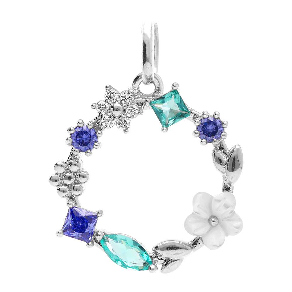 Pendentif argent rhodié fleur d' oxydes de nuance bleue et sa fleur de nacre