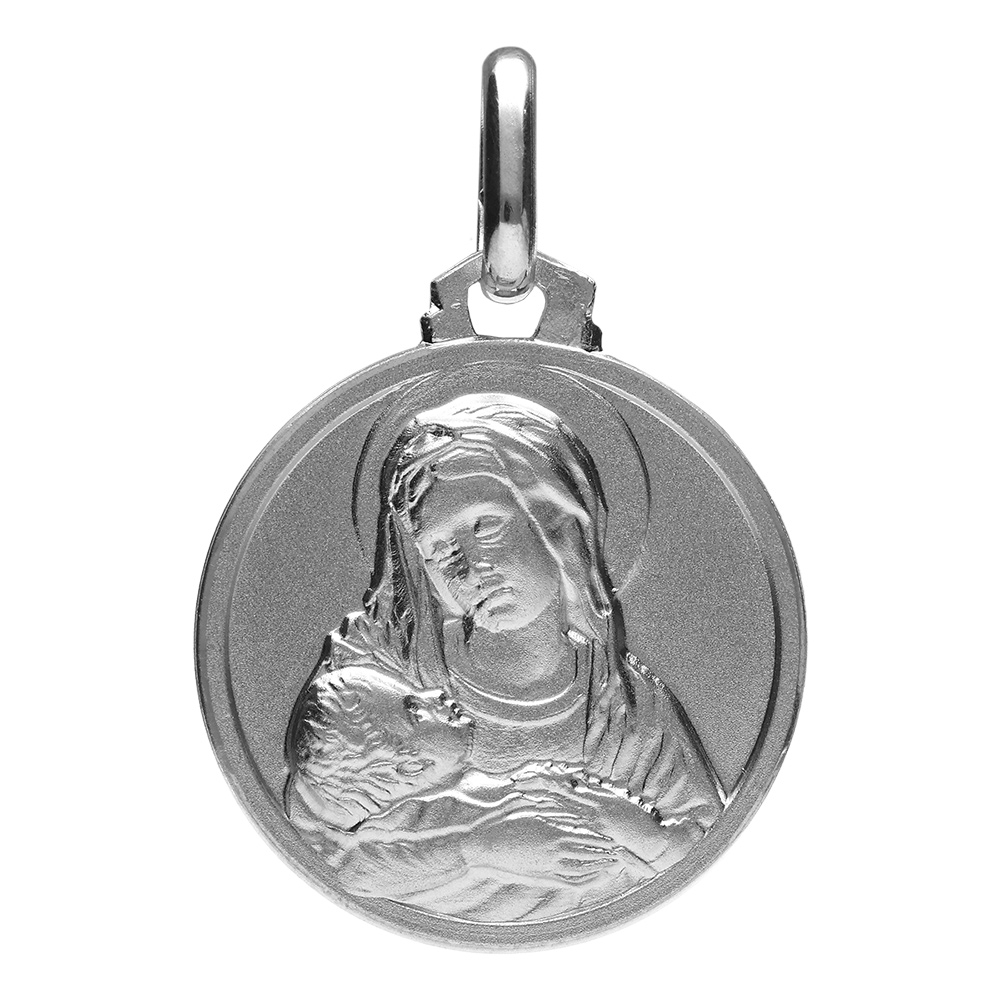 Pendentif médaille en argent rhodié vierge Marie et l'enfant Jésus Christ - diamètre 16mm