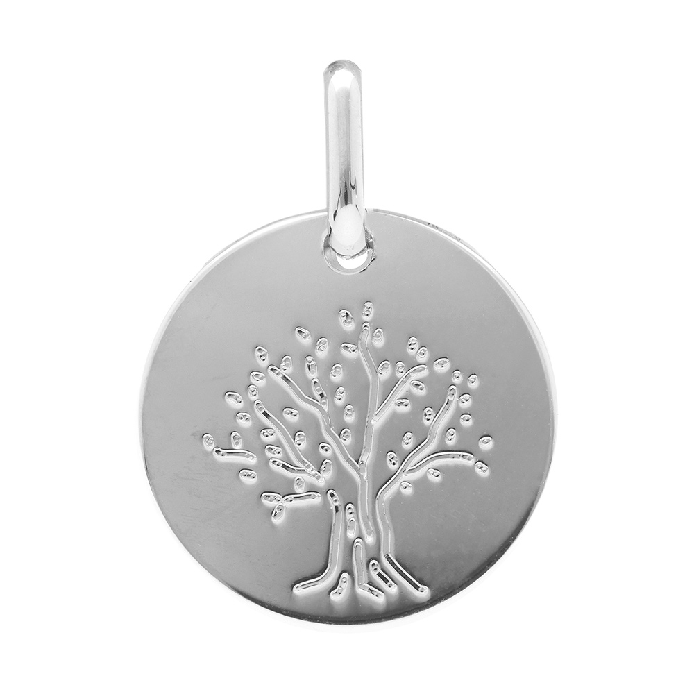 Pendentif en argent rhodié médaille avec arbre de vie gravé - diamètre 15mm