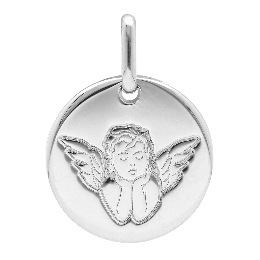 Pendentif en argent rhodié médaille ronde 15mm motif Ange
