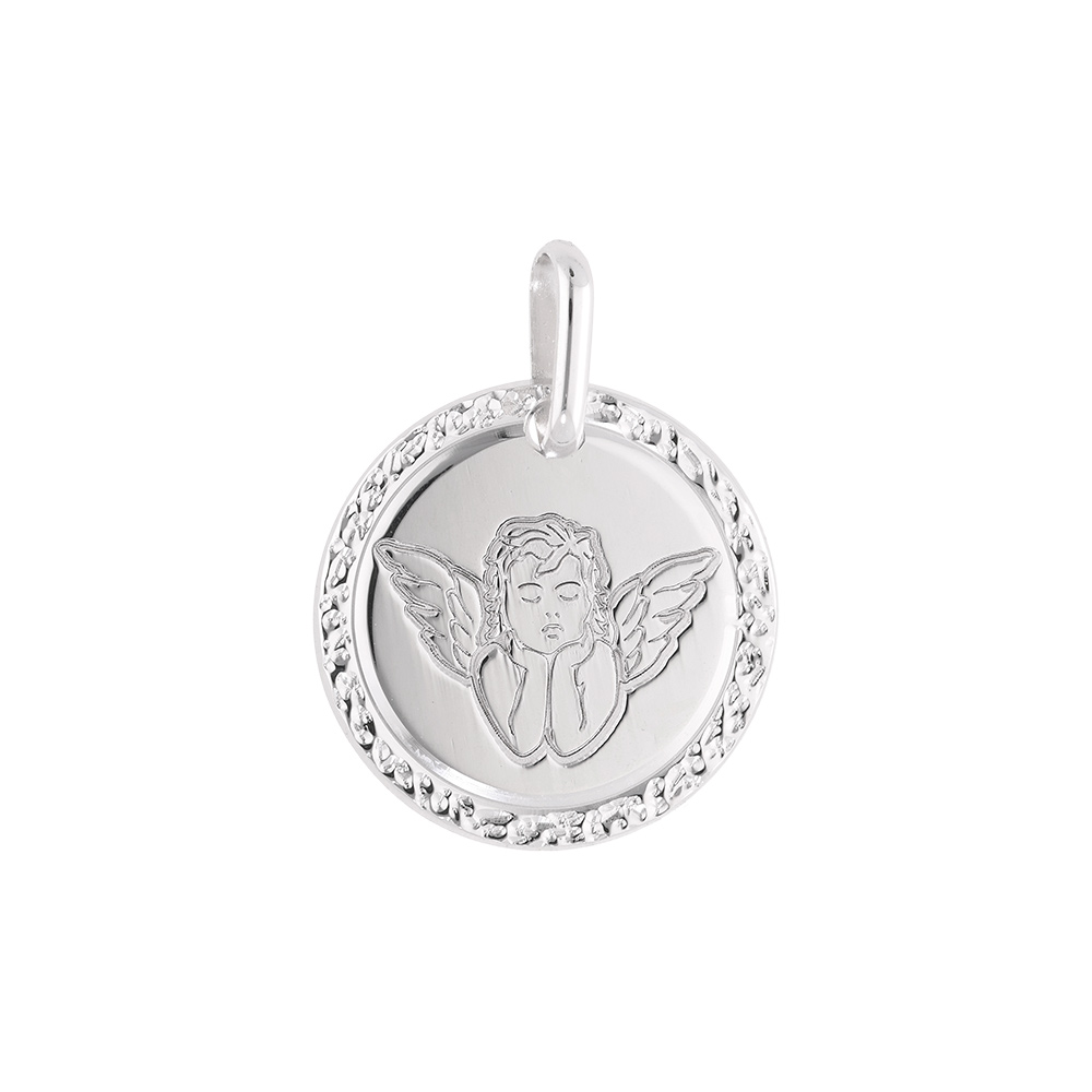 Pendentif en argent rhodié médaille 16mm motif Ange contour ciselé