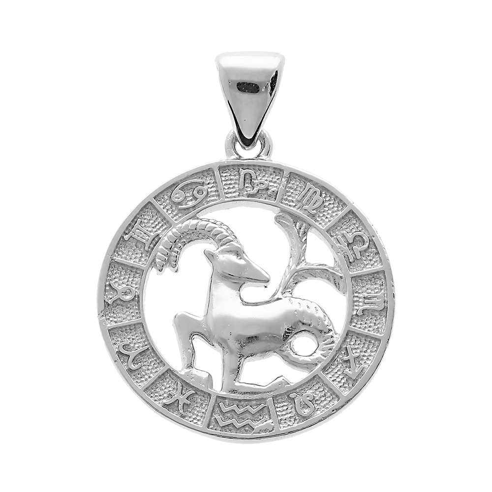 Pendentif en argent rhodié médaille zodiaque Capricorne Pendentif en argent rhodié médaille zodiaque Capricorne