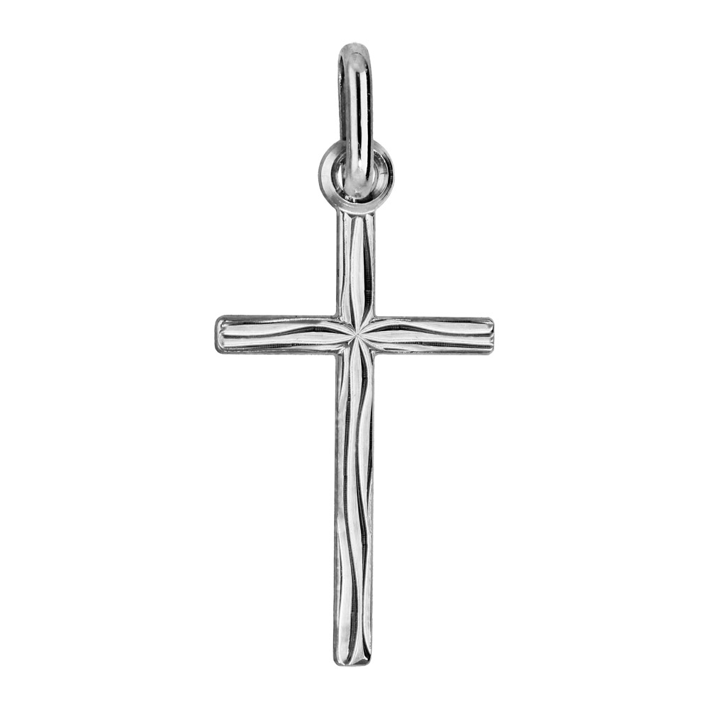 Pendentif croix en argent rhodié avec gravure "aspect bois" petit modèle
