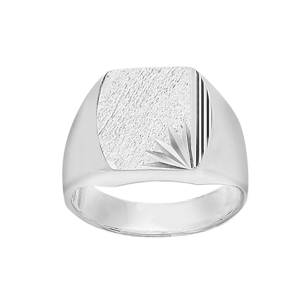 Chevalière en argent plateau tonneau 16mm X 14mm diamanté ciselé en étoile dans 1 angle et strié sur 1 bord du même côté