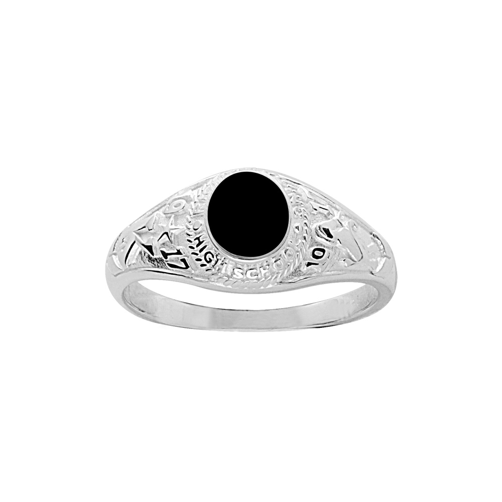 Chevalière universitaire américaine en argent avec plateau en onyx synthétique - petit modèle pour 1 initiale