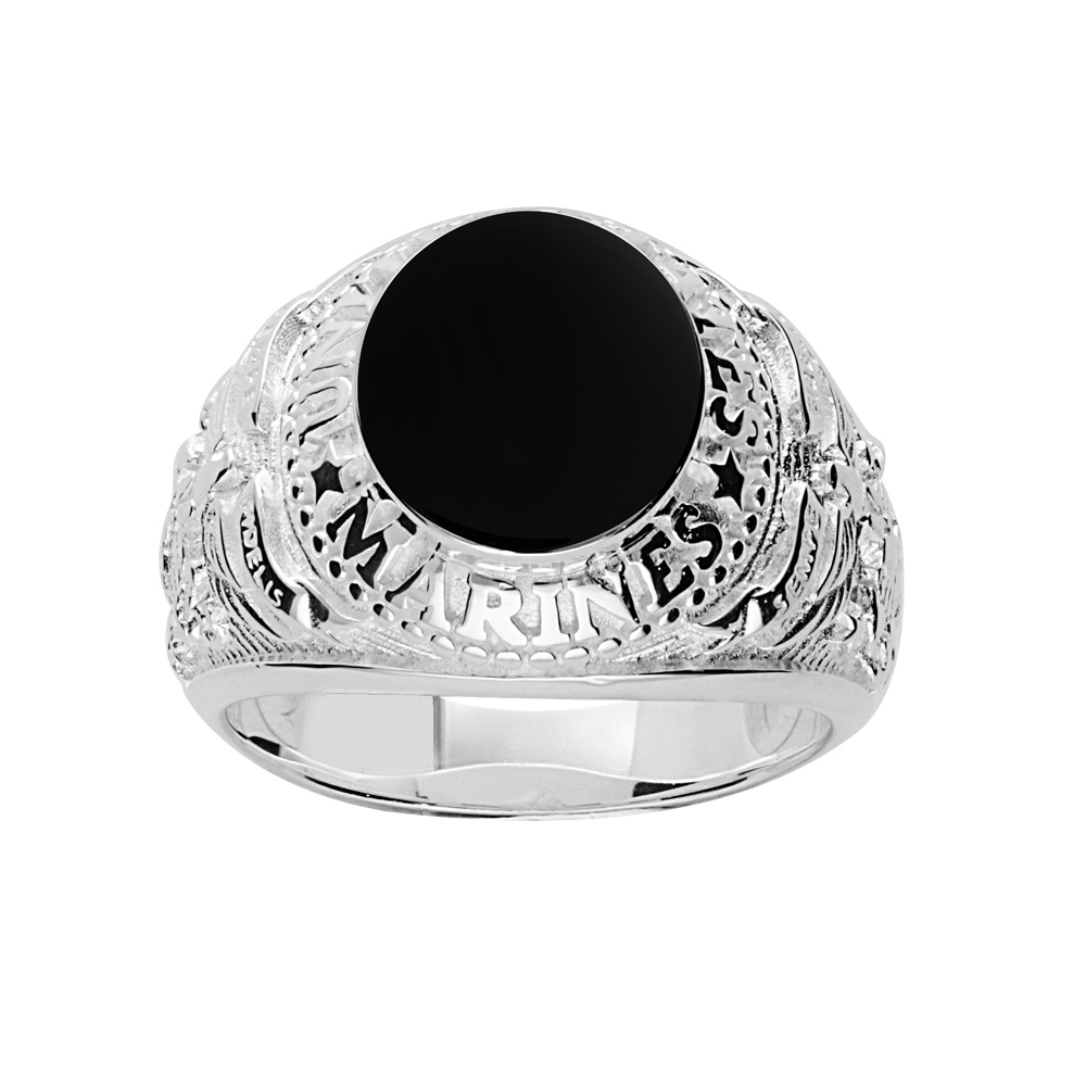 Chevalière universitaire américaine en argent "Marines" avec plateau en onyx synthétique