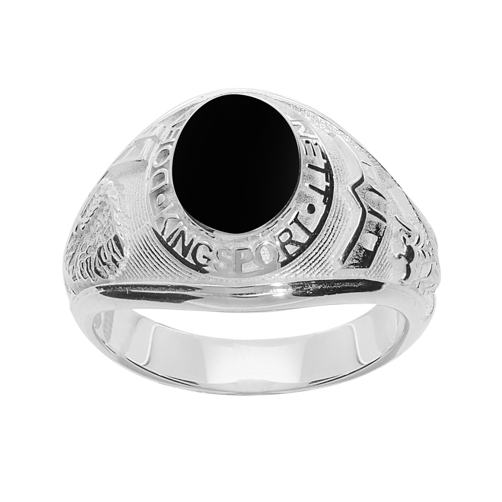 Chevalière universitaire américaine en argent "Indienne" avec plateau en onyx synthétique