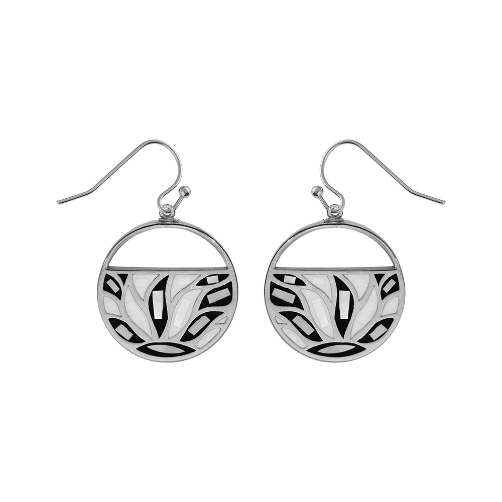 Boucles d'oreille Stella Mia en acier rond tons noirs et nacre blanche fermoir crochet